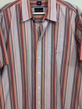 Oscar de la Renta Short Sleeve Striped Casual Button Down Size L Collared Shirt